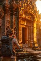 A man with a backpack standing in front of a temple photo
