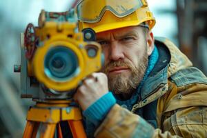 A man in a hard hat and yellow jacket holding a camera photo
