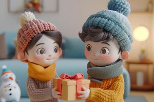 Two children holding a gift box in front of a snowman photo
