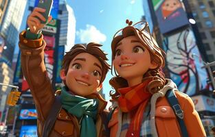 Two young people taking a selfie in the middle of a city photo