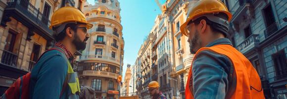 Two construction workers in hard hats walking down a city street photo