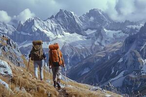 Two people with backpacks walking up a mountain photo