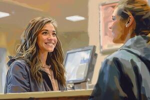 A woman is smiling at a customer at a bank photo
