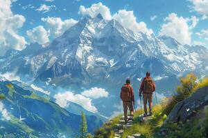 Two people with backpacks are walking up a mountain photo