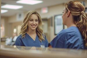 A nurse smiling at a patient in a hospital photo