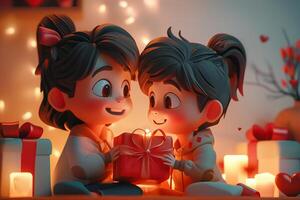 Two children holding a gift box with candles photo