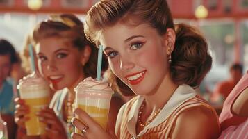 Three women are holding drinks and smiling photo