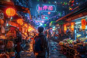 A man walking through a crowded market at night photo