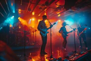 A band performing on stage in a dark room photo