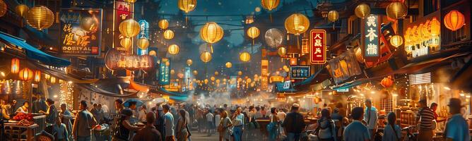A street scene with people walking around and hanging lanterns photo