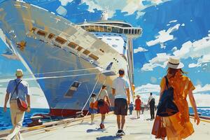 A painting of people walking on the dock near a cruise ship photo