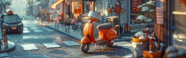 A red scooter is parked on the street photo