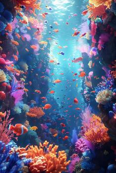 An underwater scene with colorful corals and fish photo