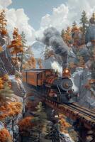 A train traveling through the mountains with trees and rocks photo