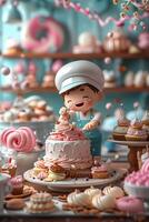 A cartoon character is standing in front of a cake photo