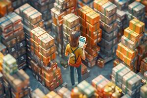 A person standing in a warehouse with stacks of boxes photo