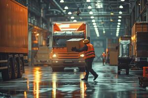 A man in an orange vest is carrying a box photo