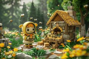 A cartoon character is standing in front of a small house with bees photo