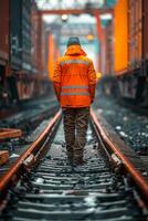 A man in an orange vest walking on railroad tracks photo