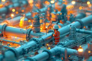 A man in an orange safety vest is standing in front of a large industrial pipe photo