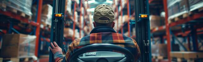 A person sitting on a forklift in a warehouse photo