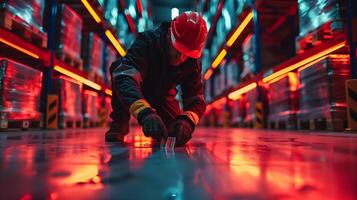 A worker in a warehouse with red lights photo