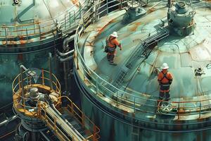 Oil refinery workers on the job photo