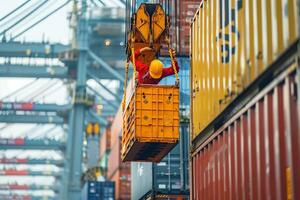 A worker is lifting a container from a crane photo
