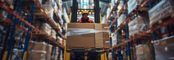 A man is on a forklift in a warehouse photo