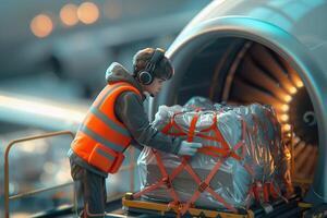 A man in an orange vest is loading a package onto a plane photo