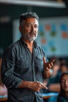 A man standing in front of a classroom with his hands up photo