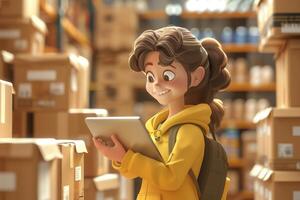 A girl in a yellow jacket is holding a tablet in a warehouse photo