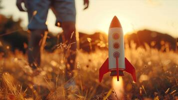 A person standing in a field with a rocket ship photo