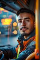 A man in an orange jacket and orange vest sitting in the driver's seat of a bus photo