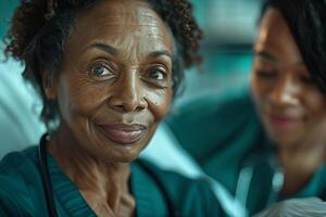 A woman in scrubs is looking at the camera photo