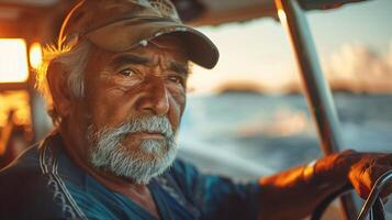 An older man driving a boat at sunset photo