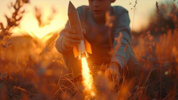 A person sitting in a field with a rocket photo