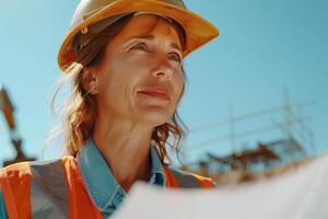 A woman in a hard hat and safety vest looking at a blueprint photo