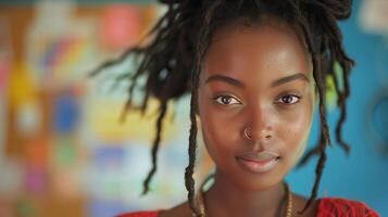 A young woman with dreadlocks and a red shirt photo
