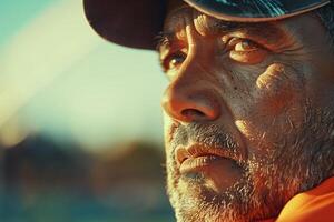 A man in a baseball cap and orange shirt photo