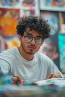 A young man with glasses and a white shirt is working on his art photo
