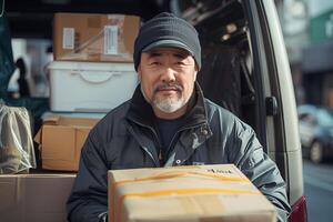 An asian man holding a box in the back of a van photo