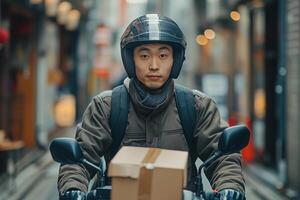 A man on a motorcycle with a box on his back photo