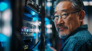 An asian man in glasses standing in front of a server photo