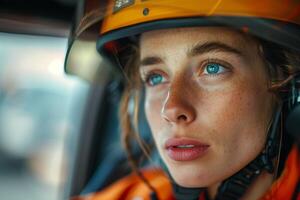 A woman wearing an orange helmet and looking off to the side photo