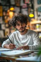 A man with curly hair sitting at a table with a pen and paper photo