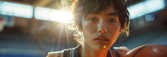 A young boy holding a basketball in front of the sun photo