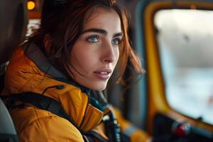 A woman in a yellow jacket sitting in the back seat of a car photo