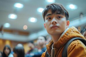 A young man in a lecture hall with a crowd of people photo
