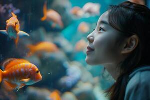 A woman looking at fish in an aquarium photo